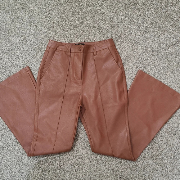 Shinestar brown vegan leather retro high waist flare leg pants - Picture 3 of 4